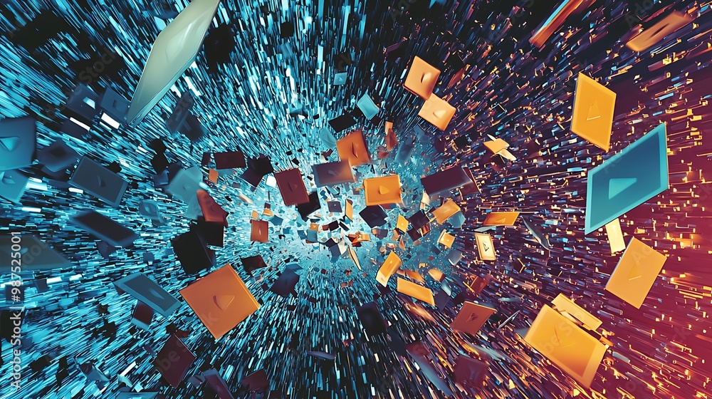 Poster digital bits transformation: abstract illustration of data download process