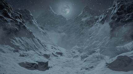   A serene snow-capped mountain looms under a luminous full moon, while a snow-covered trail leads up to its peak