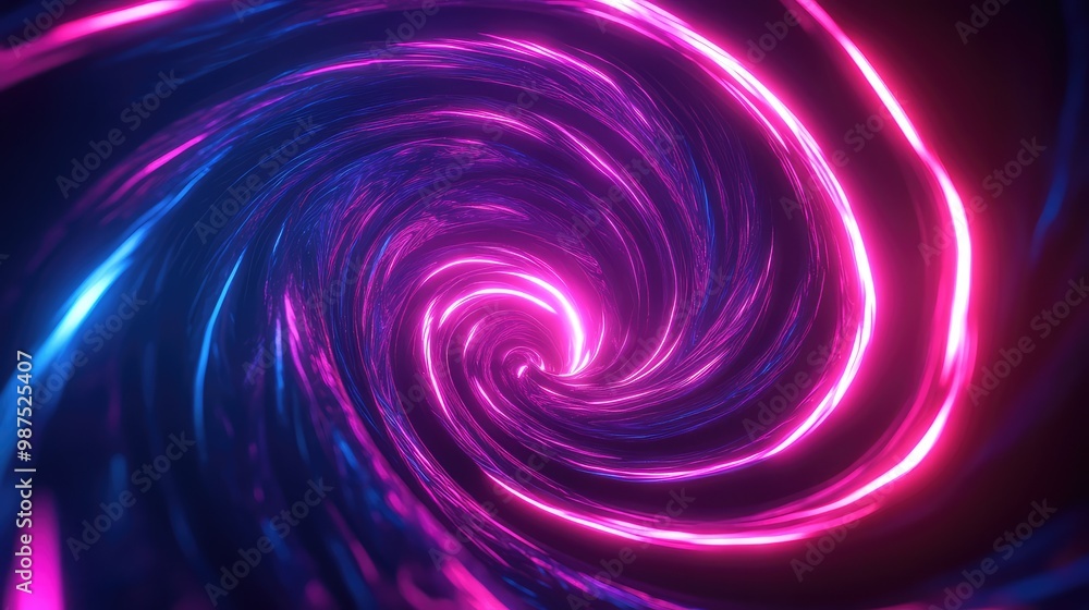 Poster A 3D abstract object resembling a spiral galaxy, made of glowing neon lines twisting in a dark void.