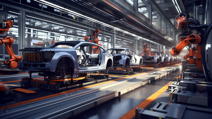 Naklejka premium Industrial robots assembling cars
