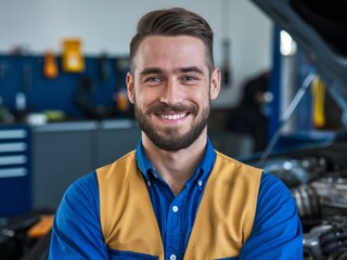 Mechanic smiling garage. Smiling auto mechanic in a garage, providing professional auto repair services.