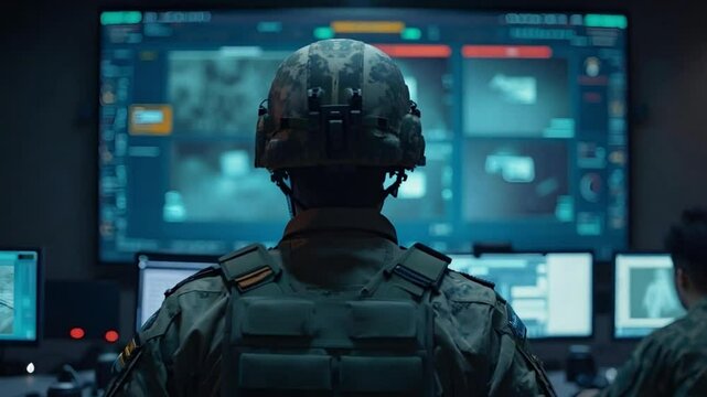 Soldier Wearing a Helmet Monitoring Multiple Computer Screens