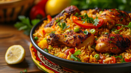 Fototapeta premium Delicious Paella with Chicken and Vegetables A Spanish Culinary Delight