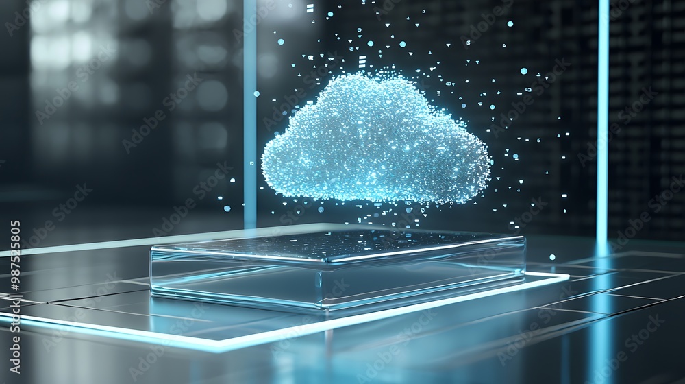 Poster digital data transfer: 3d render of cloud download into transparent device