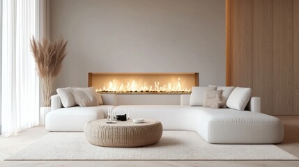 White corner sofa placed near a sleek fireplace in a Scandinavian-style living room with light wood tones and soft ambient lighting