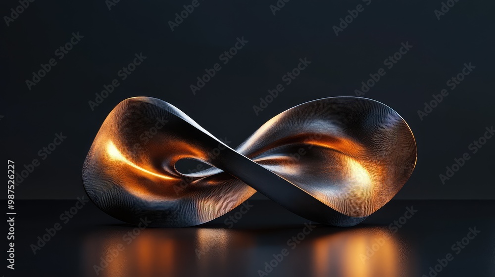 Poster a 3d abstract object resembling a twisted metallic ribbon, softly glowing in a minimalist, dark void