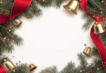 Elegant Christmas Background with Golden Bells, Red Ribbon, and Pine Branches Blank center space for personalized text, holiday greetings, invitations