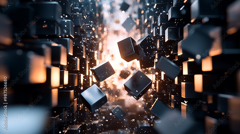 Poster futuristic data deletion - 3d cubes breaking apart in digital environment