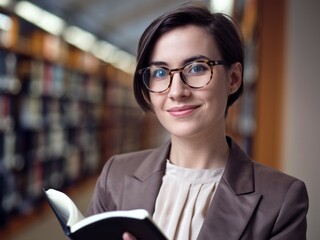 Woman studying book. Young woman with glasses smiling while reading a book, in a library.  The image symbolizes knowledge, learning, and curiosity.