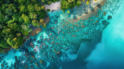 Aerial view of a tropical coastline with crystal-clear turquoise waters, vibrant coral reefs visible below the surface, and a line of lush palm trees along the shore