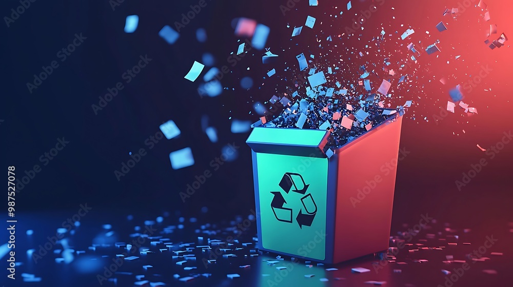 Poster digital data deletion concept with recycle bin symbol emptying itself
