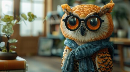 Adorable owl figurine with glasses and a scarf in cozy study setting.