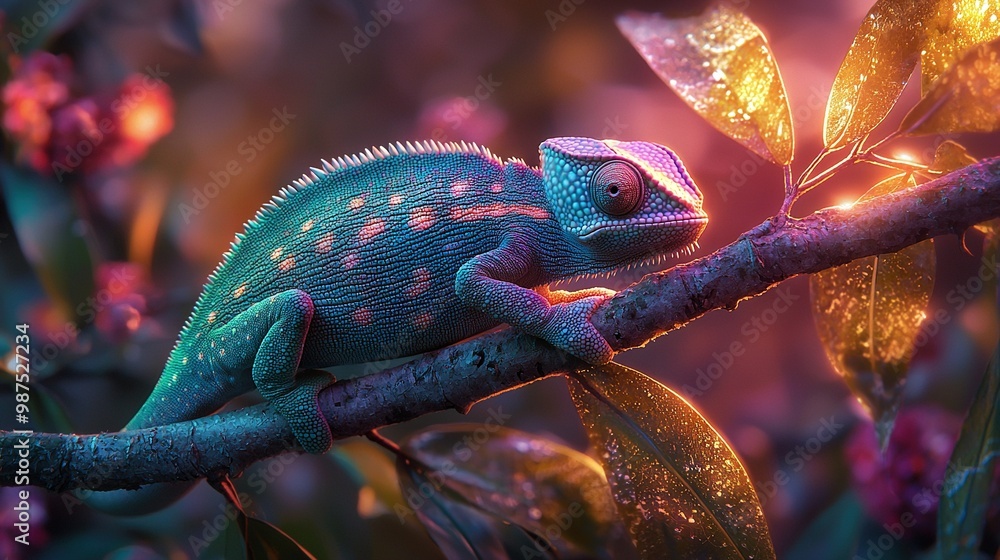 Poster   A chameleon perched on a tree branch, its head partially concealed by the foliage