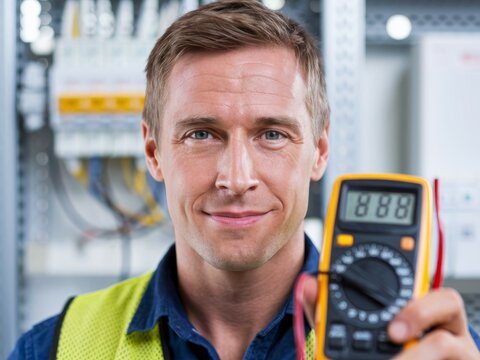 Electrician holding voltmeter. Professional electrician holding a multimeter while working on electrical system.