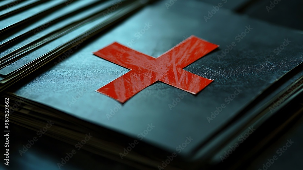 Poster data deletion concept: close-up of high-quality file with red x marked for removal