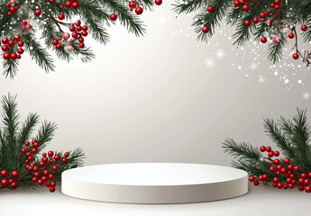 Christmas Podium with Pine Branches and Red Berries. Christmas background for product presentation or text.