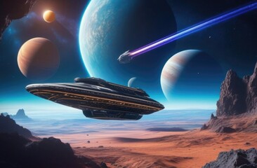 A futuristic spaceship surrounded by colorful planets and asteroids, reminiscent of tropical islands.