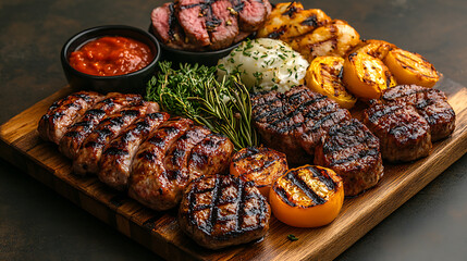 A variety of grilled meats and vegetables served on a large wooden board