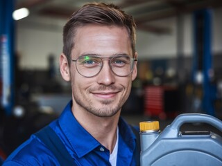 Mechanic holding oil can. Smiling mechanic holding a container of oil in a garage, ready for a car service.