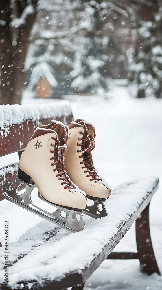 Poster a pair of ice skates resting on a snowy bench surrounded by winter scenery creating a serene and chi