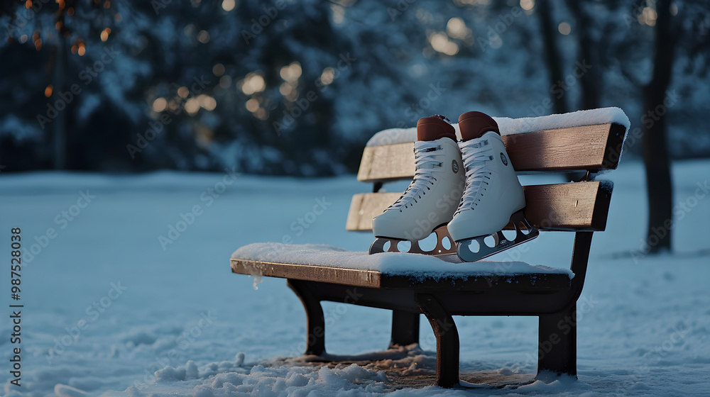 Poster a pair of ice skates resting on a snowy bench surrounded by a winter landscape creating a serene and