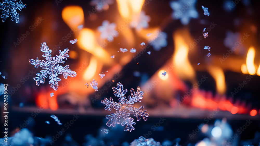 Poster abstract representation of snowflakes gently floating against a warm fireplace backdrop, creating a 