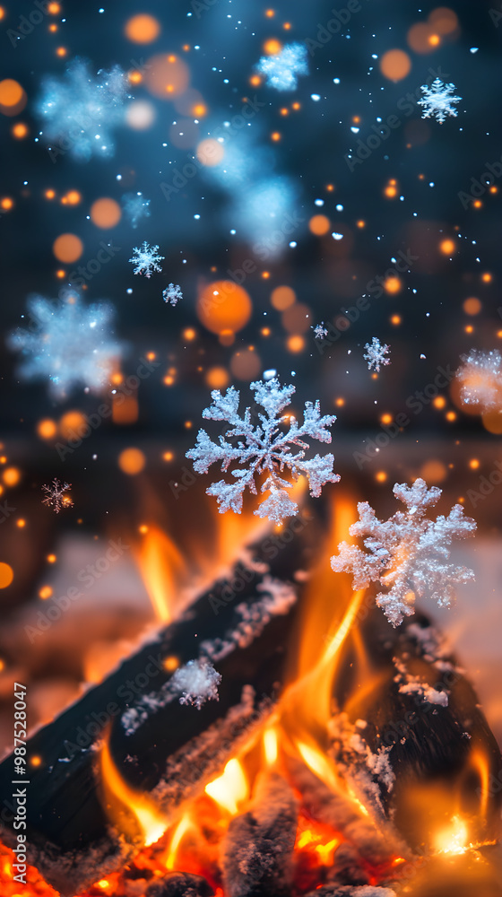 Poster abstract representation of snowflakes forming against a warm fire backdrop, creating a magical contr