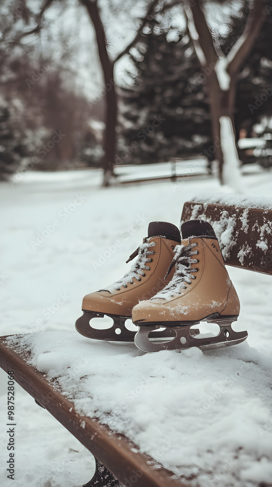 Poster a pair of ice skates resting on a snowy bench in a winter park surrounded by trees creating a serene