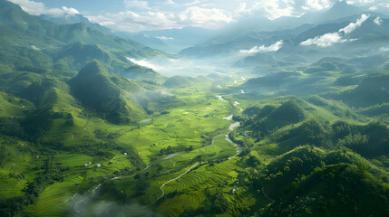Aerial View of Lush Green Valley with Rice Terraces and Winding River