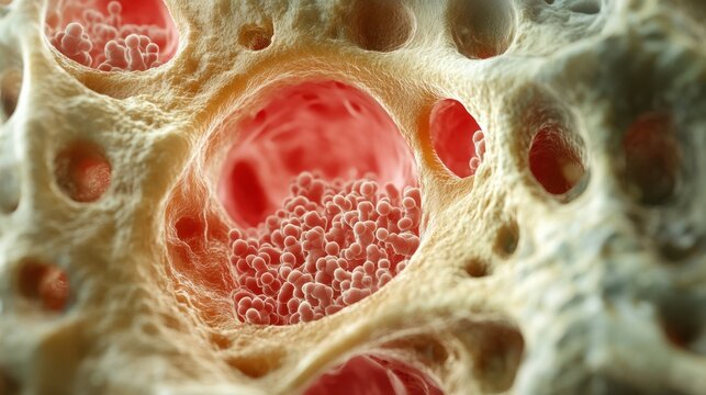 Cross-section of a bone showing bone marrow and stem cells, illustrating the body's cellular regeneration.