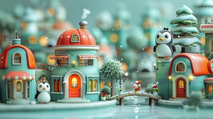 Charming winter village with brightly colored houses and animated penguins, creating a cozy and festive holiday scene.