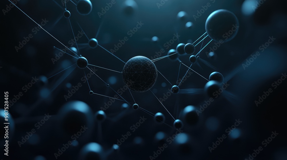 Fototapete a 3d abstract structure of floating spheres connected by glowing lines, hovering in a dark, empty sp