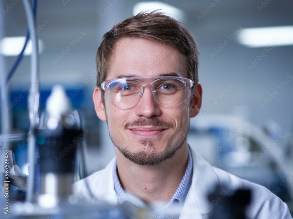 Poster lab scientist portrait. young man with glasses smiling in a lab coat, working in a laboratory settin