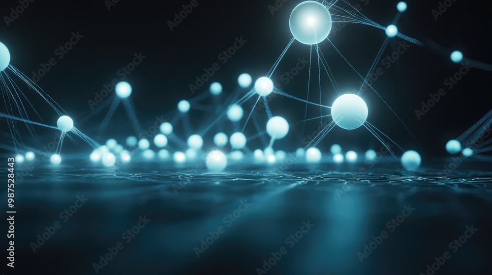 Fototapete a 3d abstract structure of floating spheres connected by glowing lines, hovering in a dark, empty sp