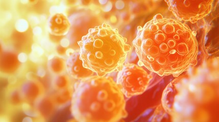 Digital rendering of fat cells in the human body, showing the storage of energy in adipose tissue.
