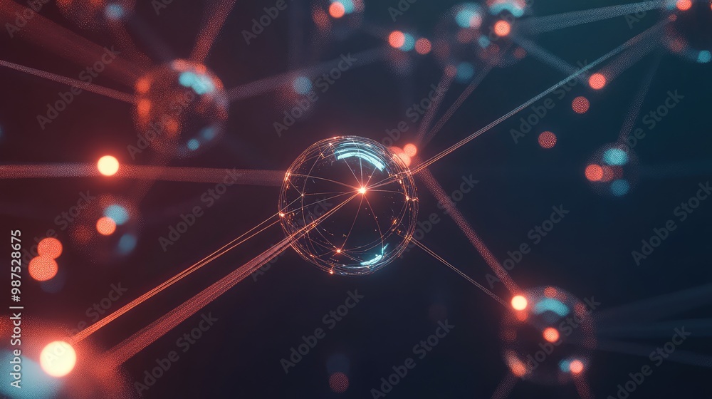 Fototapete a 3d abstract structure of floating spheres connected by glowing lines, hovering in a dark, empty sp