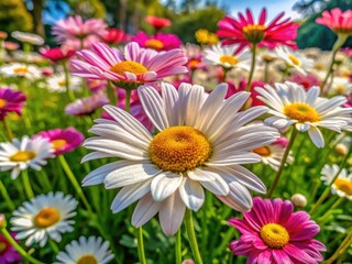 Obraz premium Colorful Marguerite daisies burst into bloom, displaying nature's splendor amidst a sunny garden, creating a picturesque scene filled with joy and life.