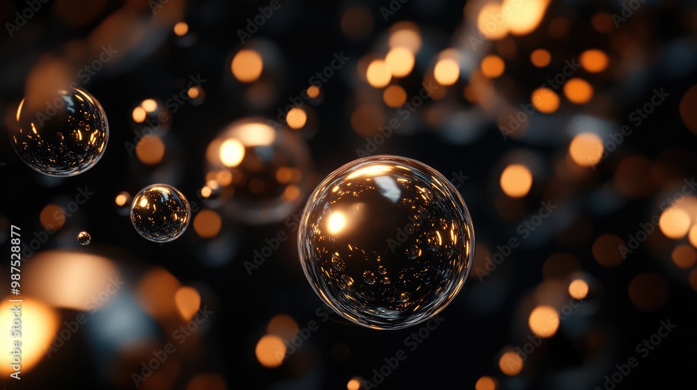Poster a 3d abstract structure of interconnected metallic spheres, softly illuminated in a dark, infinite s