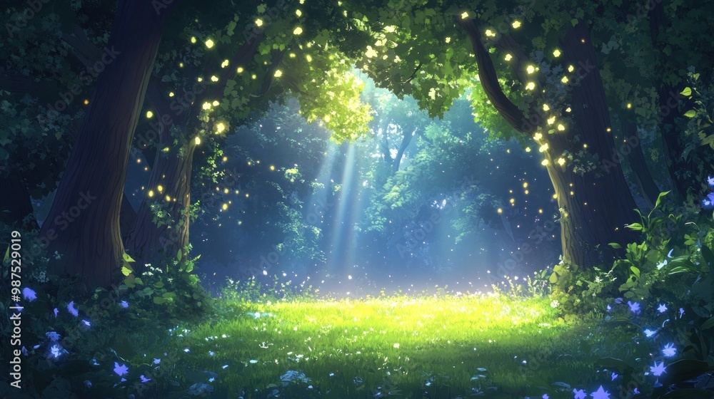 Poster enchanted forest clearing with fireflies and sunlight streaming through trees