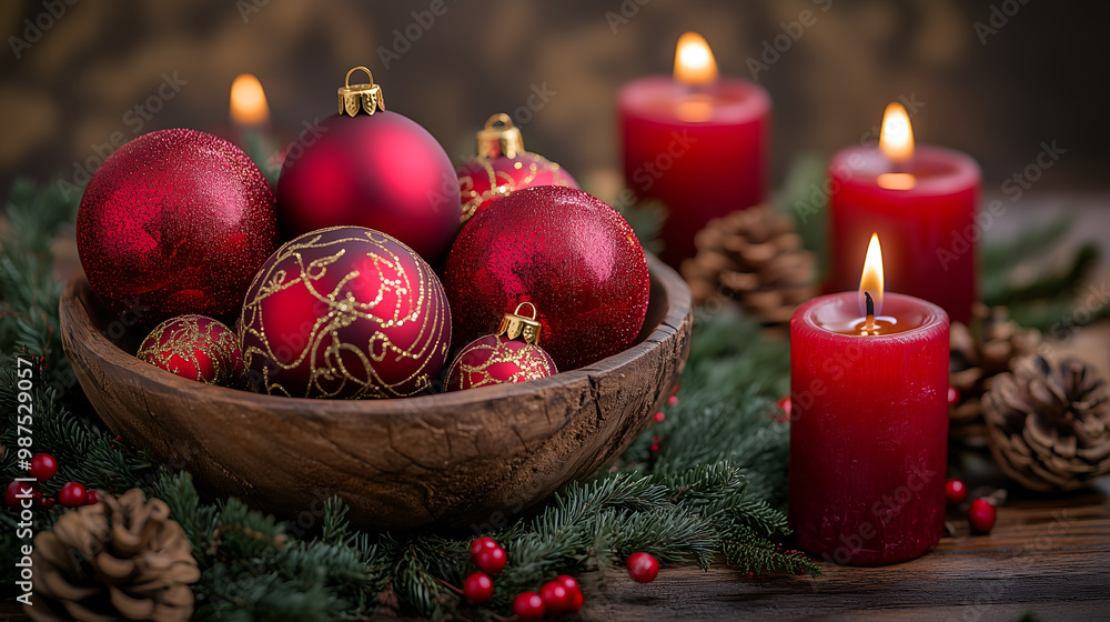 Wall mural A beautiful arrangement of shiny red and gold Christmas baubles displayed in a rustic wooden bowl, surrounded by evergreen branches and glowing red candles.