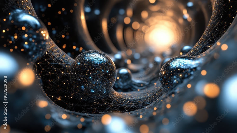 Aufkleber a 3d abstract structure of interconnected metallic spheres, softly illuminated in a dark, surreal sp
