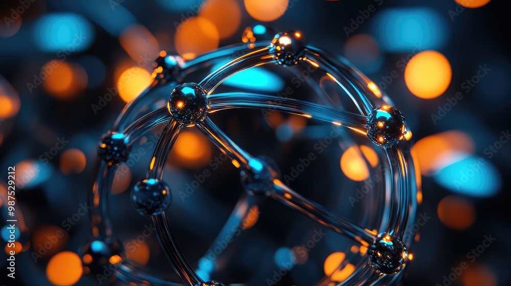Poster a 3d abstract structure of interconnected metallic spheres, softly illuminated in a dark, surreal sp