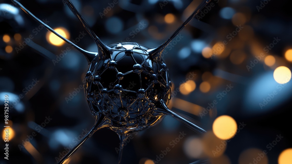Poster a 3d abstract structure of interconnected metallic spheres, softly illuminated in a dark, surreal sp