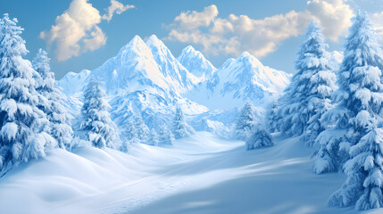 Snowy landscape features minimalistic winter mountains surrounded by pine trees under a bright blue sky with soft clouds