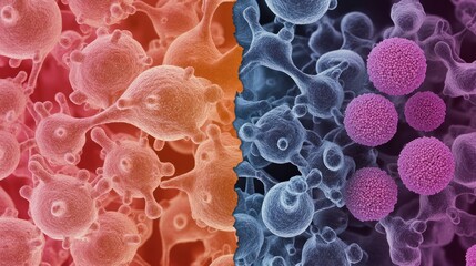 Healthy cells vs. cancer cells in a side-by-side comparison, illustrating the visual difference between normal and malignant cells.