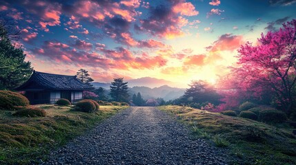 Realistic photo with an angle that starts from the ground and points upwards with pretty colours, in the foreground we find the ground then a Japanese landscape with a very pretty sky