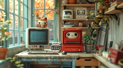 Cozy workspace featuring vintage computers and adorable decor, bathed in warm natural light from a large window with autumn leaves outside.
