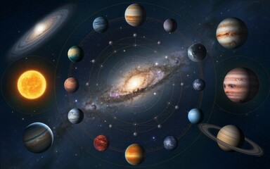 Solar system planets. Cosmic arrangement of planets, including the Sun, revolving around the Milky Way Galaxy, emphasizing the vastness and beauty of space.