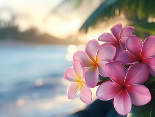 Delicate pink flowers blossom by the tranquil beach, creating a serene atmosphere with gentle waves in the background.