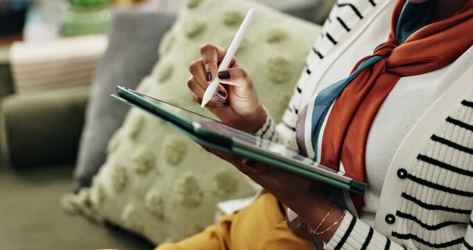 Tablet, pen and hands of student on sofa in home with online creative course for university education. Relax, studying and woman graphic designer with digital technology for multimedia art assignment